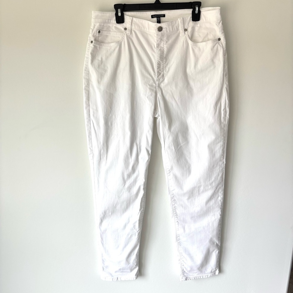 Eileen Fisher White Denim Jeans Straight Leg Organic Cotton Travel Beach Neutral